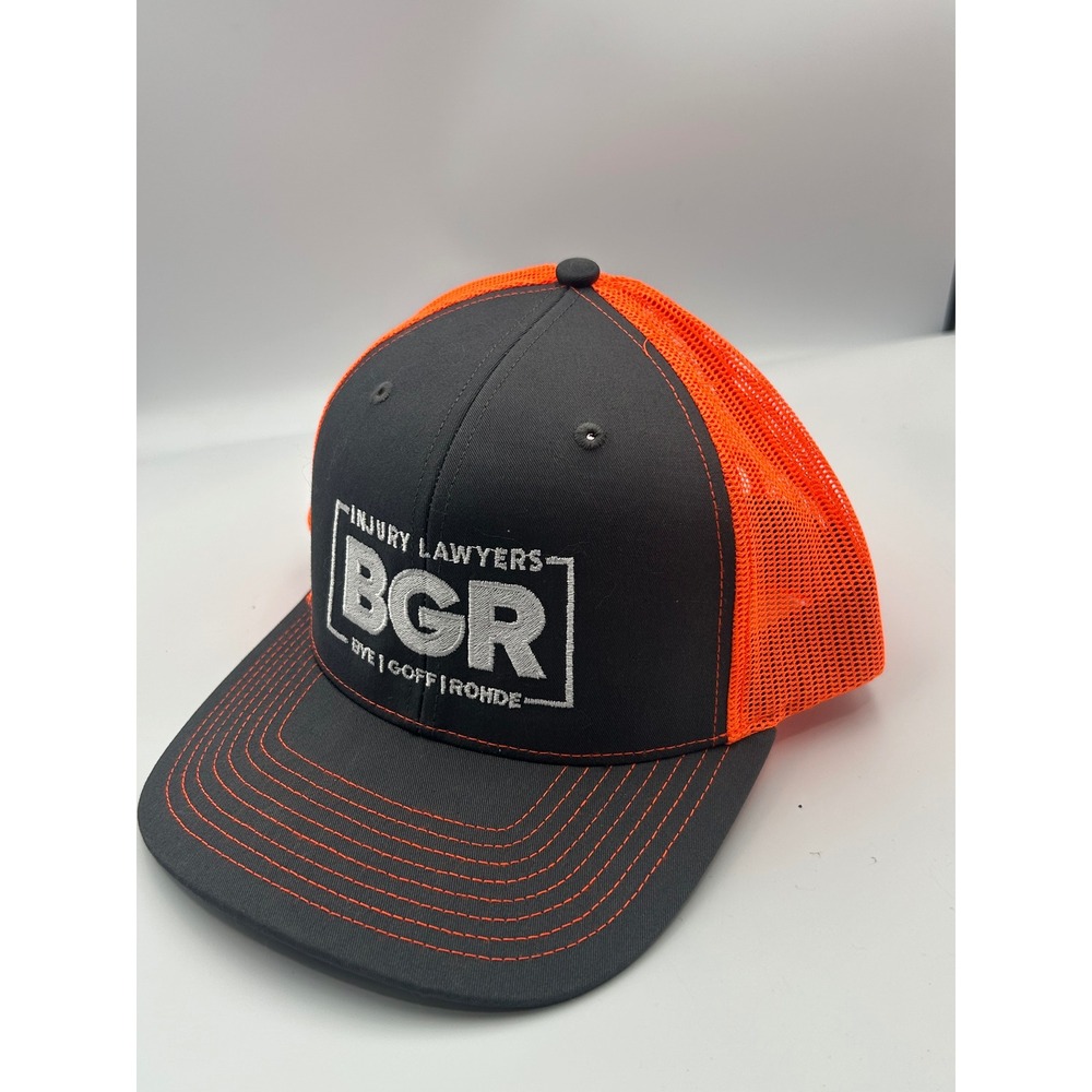 Richardson 112 Trucker Hat BGR Injury Lawyers Snapback Cap Charcoal Neon Orange